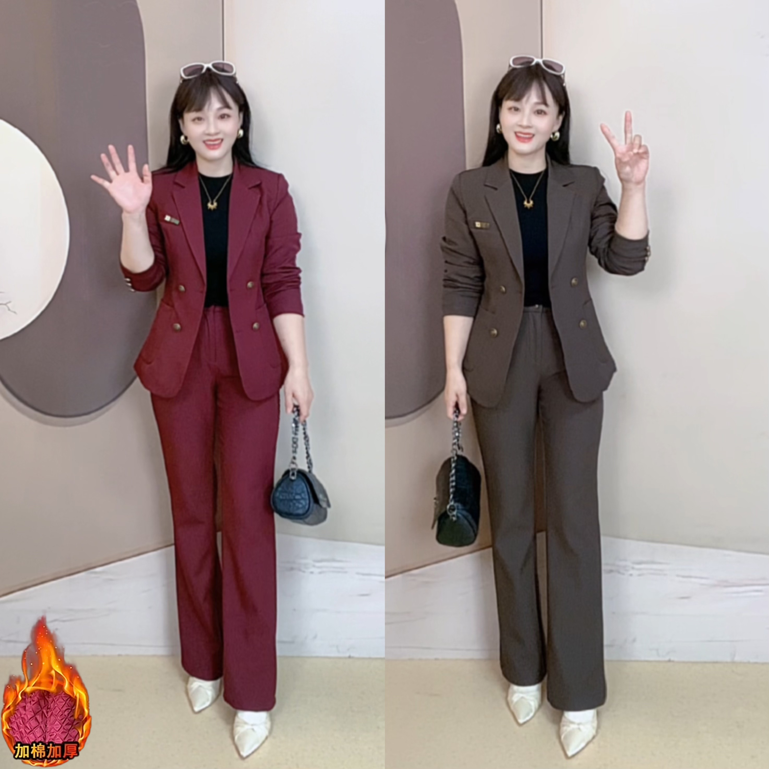 秋冬加棉加绒小西装时尚套装休闲风韩版职业风轻职风修身250922