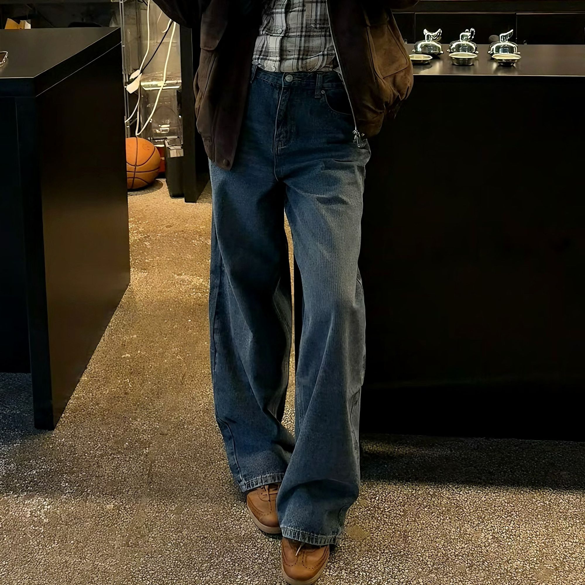 叮叮｜老钱做旧宽松条纹磨毛牛仔裤6087