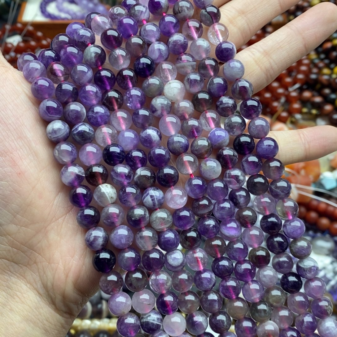 玛瑙/玉髓未镶嵌珠宝半成品一条纯天然8mm梦幻紫水晶圆珠