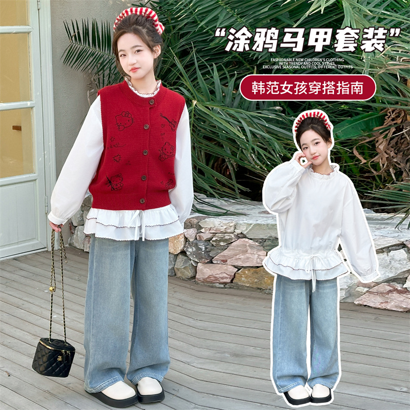 女童秋冬套装2026新款儿童白色衬衫红色针织马甲中大童新年服喜庆