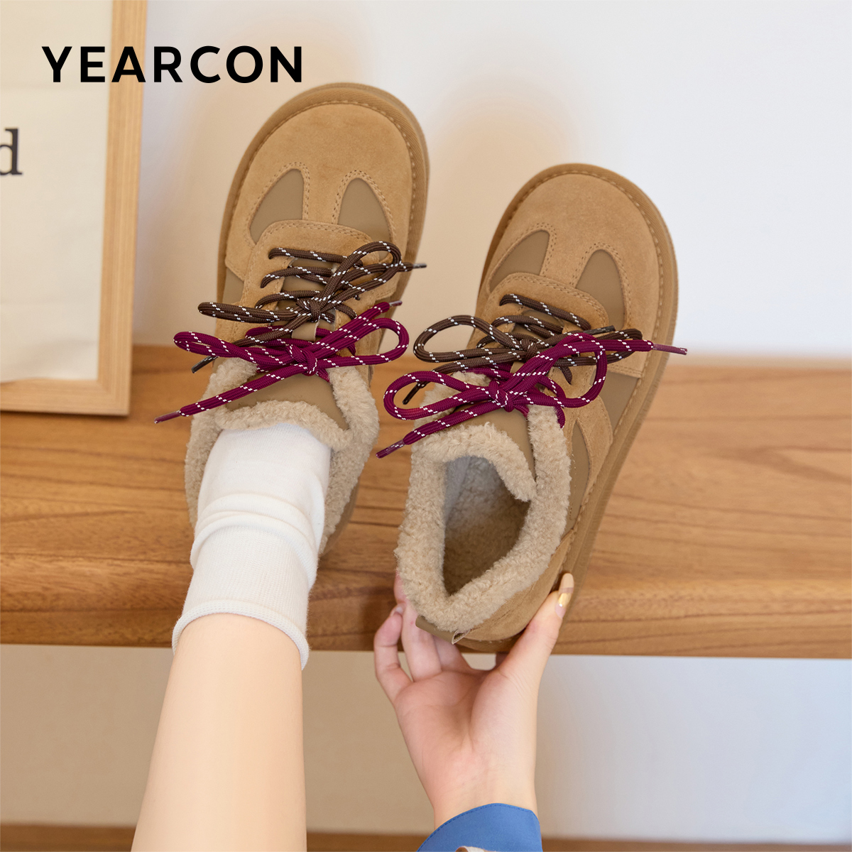 意尔康厚底雪地靴女2025秋冬新款德训鞋加绒女鞋毛毛鞋29367W