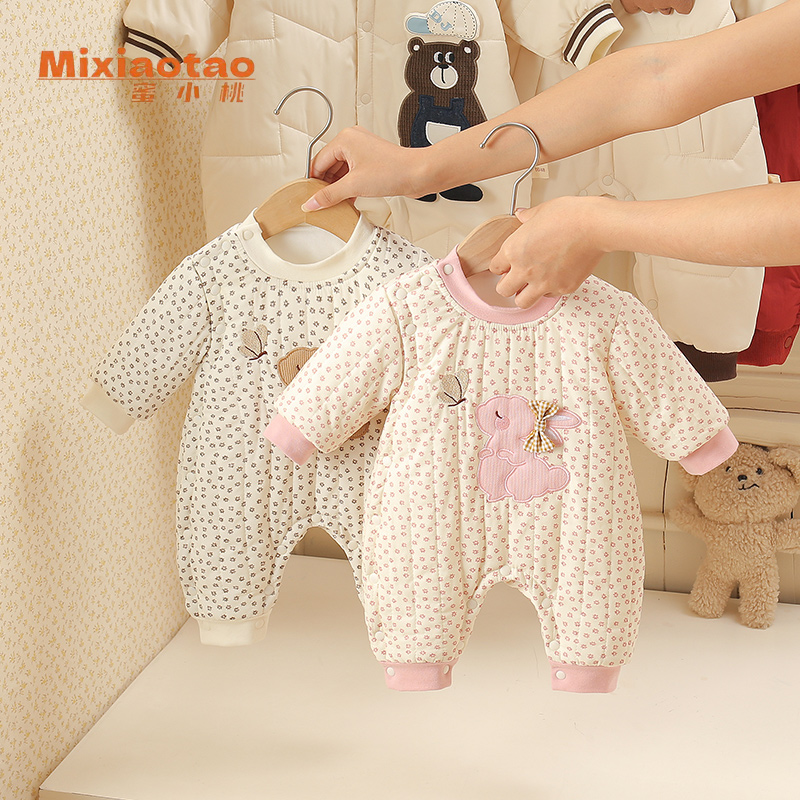 婴儿花朵兔男女宝宝保暖无骨连体衣中厚婴幼儿夹棉哈衣外出服