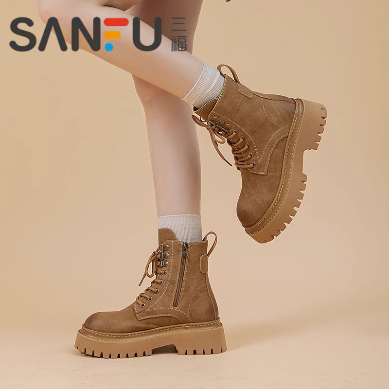 三福真皮马丁靴女春秋新款英伦风冬季加绒百搭短靴厚底增高大黄靴