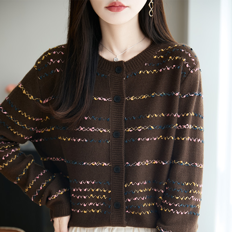 时尚咖色小衫上衣早秋甜美提花圆领针织衫开衫外套上衣韩系毛衫潮