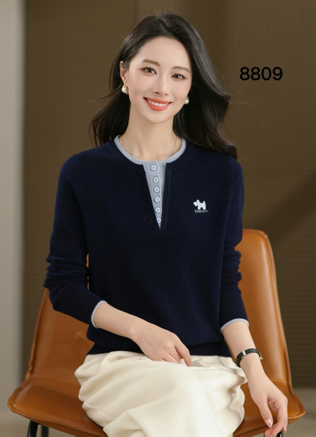 黛妍8809秋冬新款100%羊毛高档圆领假两件桐乡毛衣女款2025新款