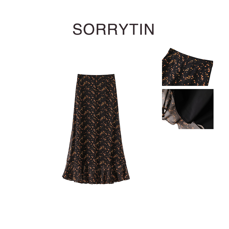 《生如夏花》SORRYTIN 气质显瘦 鱼尾立体裁剪 雪纺碎花半身裙