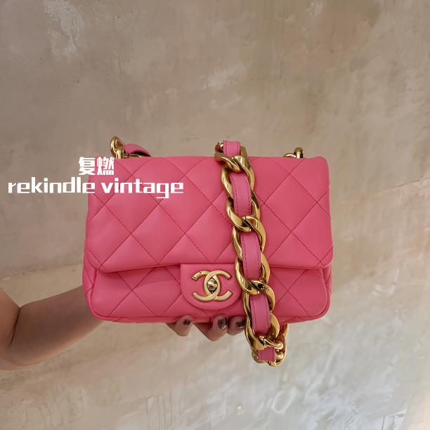 95新 Chanel/香奈儿 复燃精选/珊瑚粉22s金扣中号方胖子芯片款