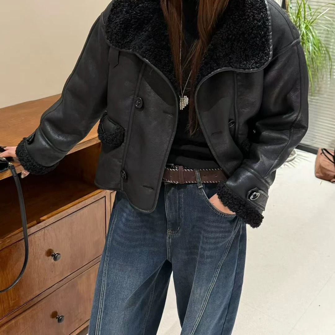 梦小小女装韩版气质外套女冬季翻领毛茸茸加厚设计感短款