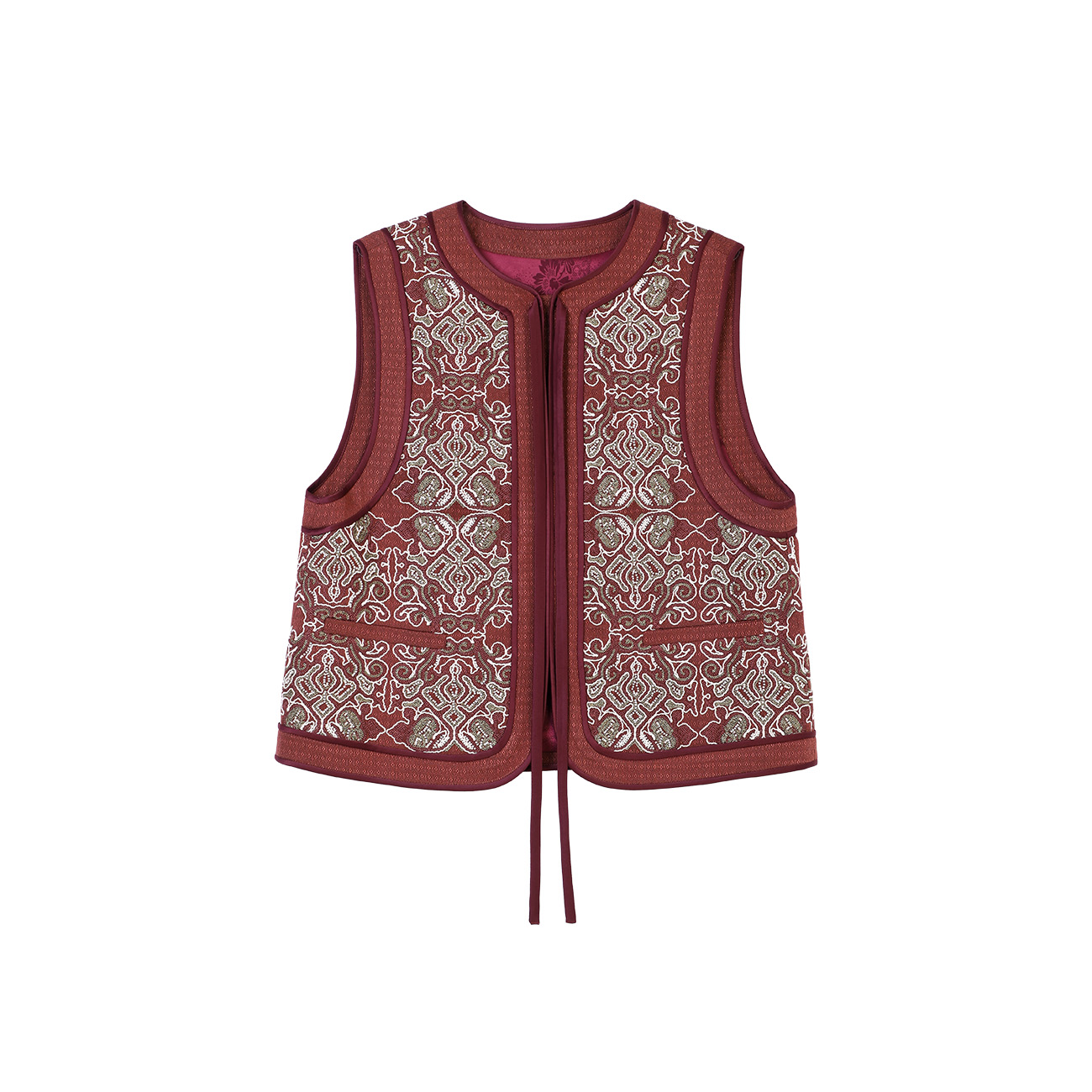 【小水专属】小方格深咖柞蚕丝香云纱系带绣花马甲  132255