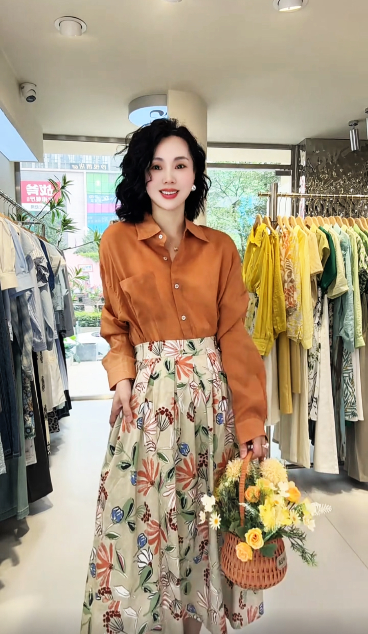 831*莱赛尔混纺小橘花高腰大摆A字中长款半身裙