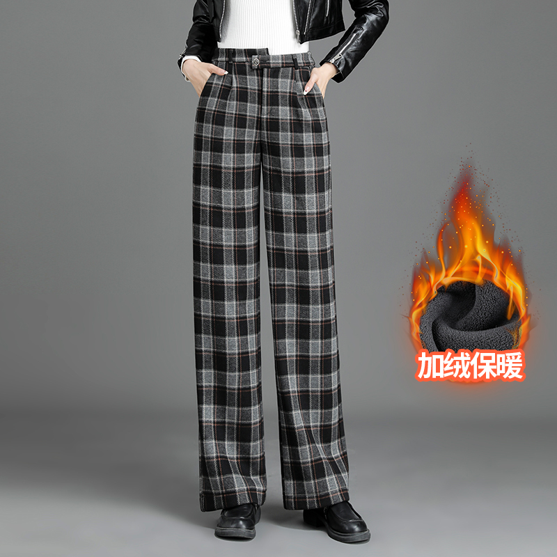 毛呢格纹加绒长款毛呢裤窄版显瘦直筒裤冬季保暖垂感遮肚子阔腿裤