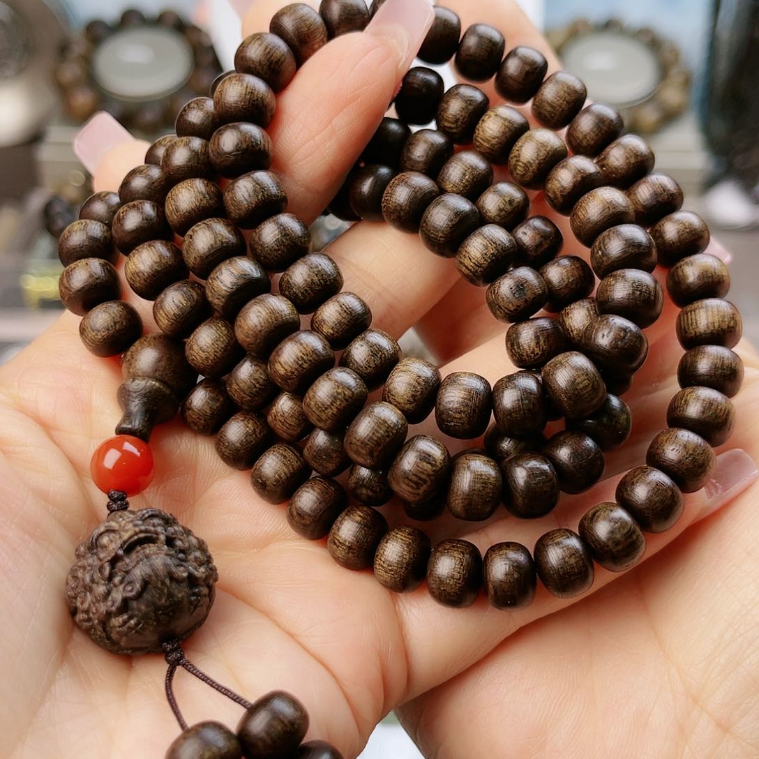 沉香手串顺化紫棋玉化古董窖藏留疤老料0.8×108