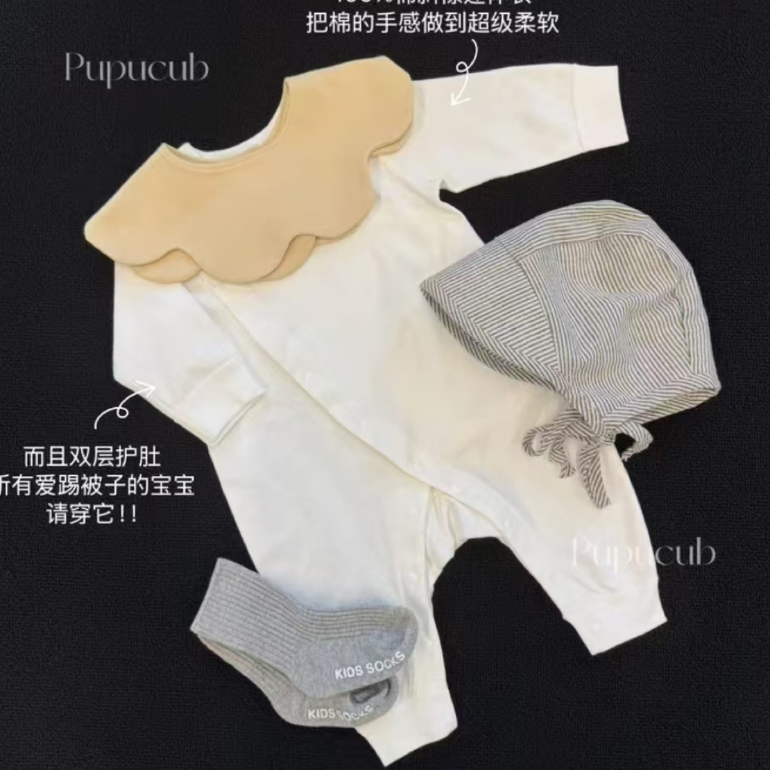 博主同款！纯棉控必入！双层护肚斜襟爬服宝宝春秋长袖连体衣套装