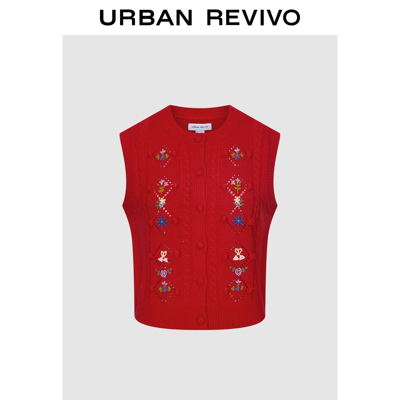 UR2026春季新款女装都市镂空花卉刺绣无袖针织开衫UYU960016