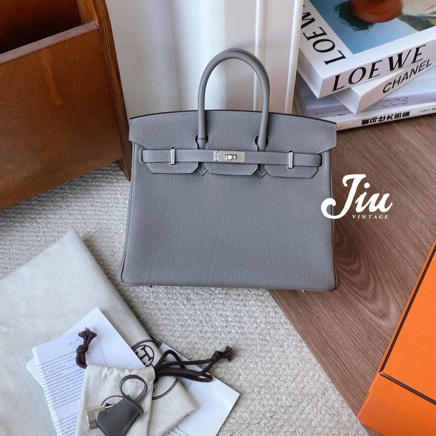 99新 Hermes/爱马仕 birkin25积雨云灰银扣w刻BJM2-7386