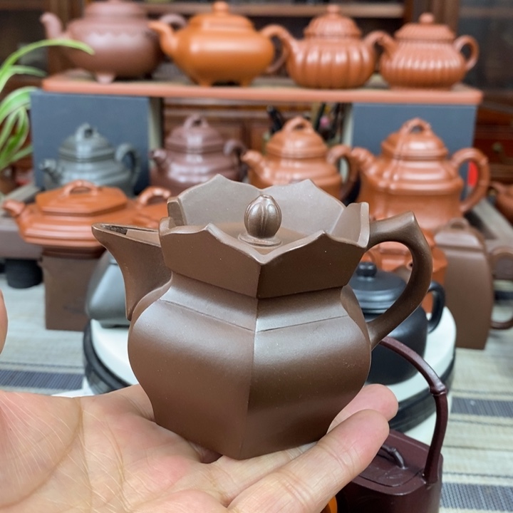 紫砂茶壶六方僧帽130cc原矿一厂老紫泥特价