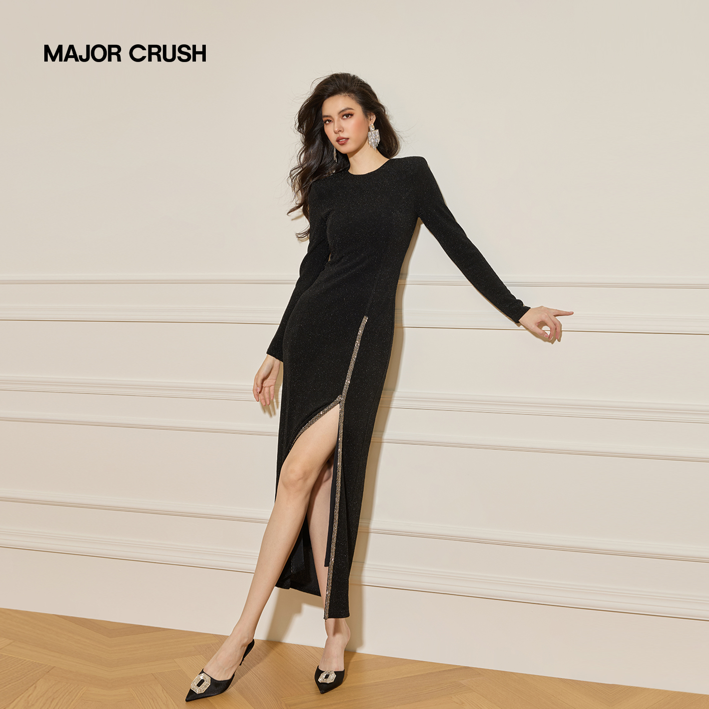 MAJOR CRUSH新款秋冬黑色气质显瘦时尚长裙夜曲星辰连衣裙7971