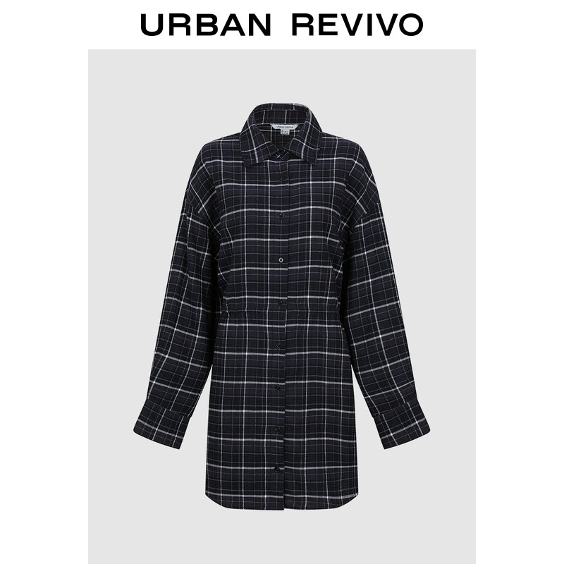 UR2026春季新款女装休闲撞色格纹翻领超宽松连衣裙UYL760011