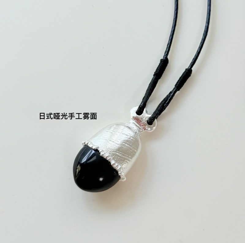 坠链均925银 X2145  925纯银 黑色椭圆手工项链 毛衣链