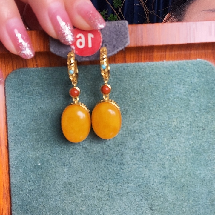 蜜蜡银S925镶嵌耳饰耳坠