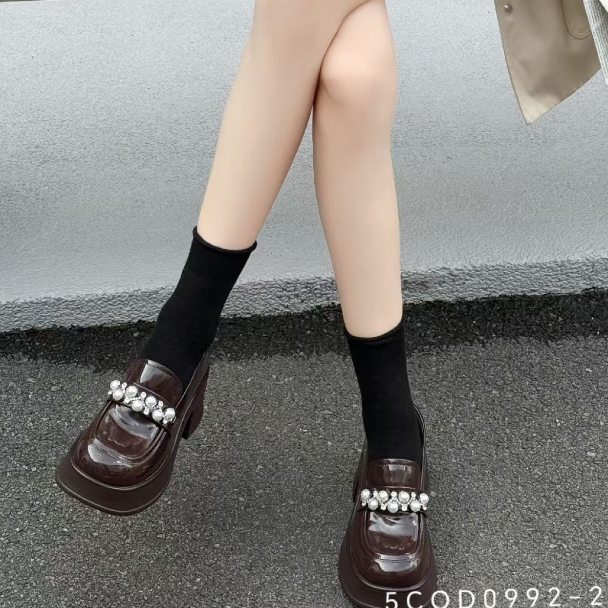 纯色高跟水钻珍珠漆皮通用粗跟一脚蹬乐福鞋【美罗巴】