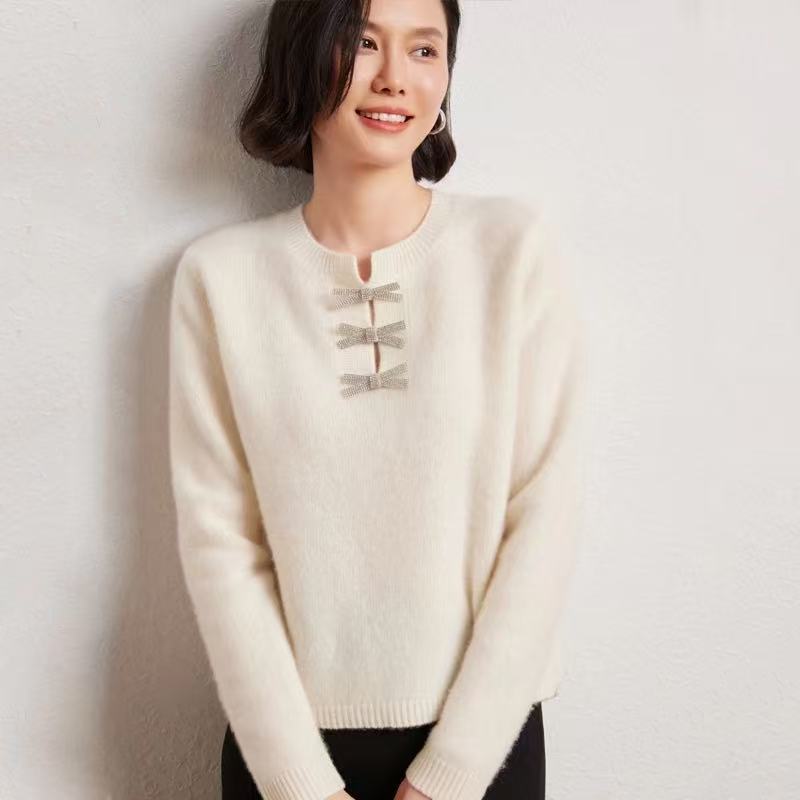 100羊毛圆领蝴蝶结基础款针织打底衫女
