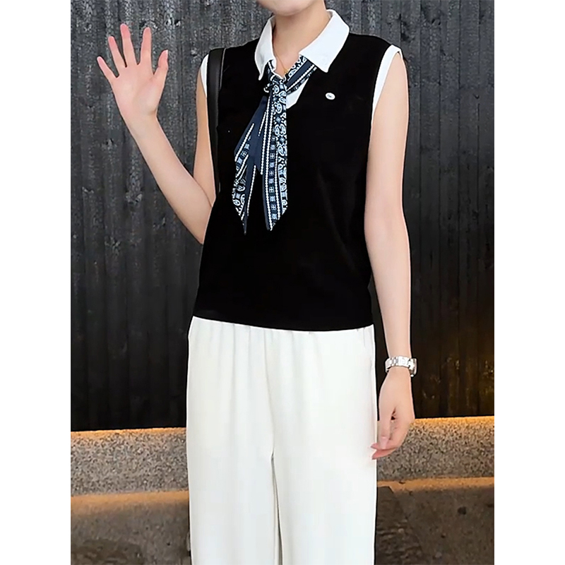 时尚POLO领无袖T恤女2025夏季新款休闲百搭显瘦撞色拼接上衣女