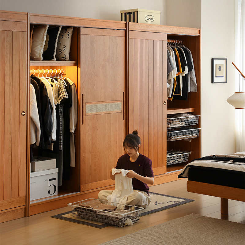 【衣柜组合】平开推拉门衣柜全实木樱桃木藤编家用卧室北欧原木储物