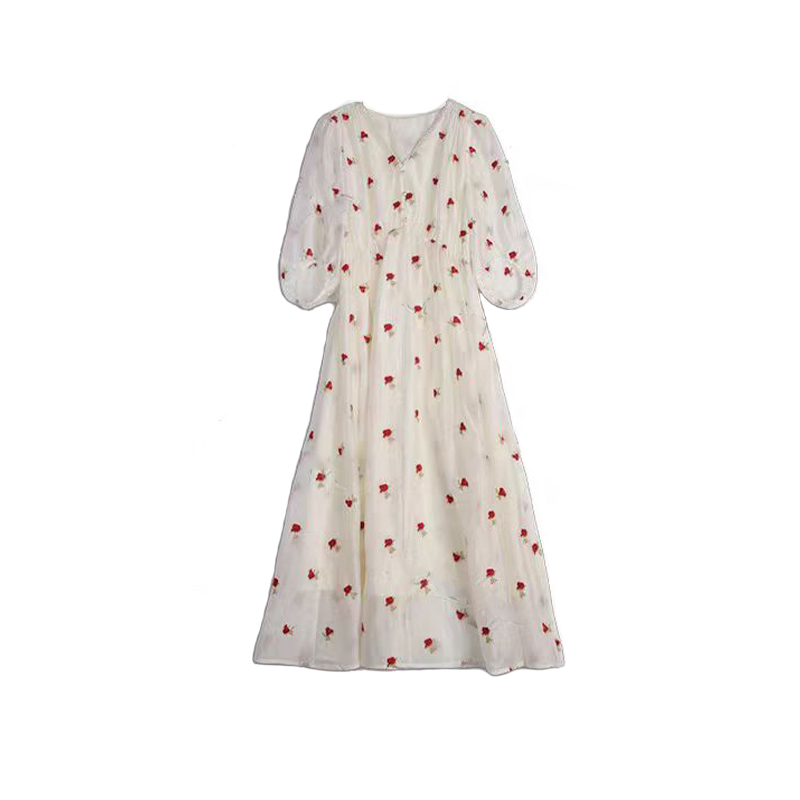 乔（女装）25810 夏季重工刺绣花朵收腰气质V领短袖连衣裙