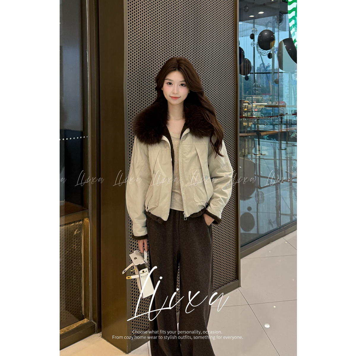 Liixu撞色翻领短外套冬新款加厚小个子保暖夹克派克服L58WTG1197