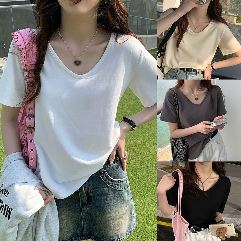 纯欲风夏季网红短袖白色大领口时尚V领t恤正肩夏宽松显瘦内搭女潮