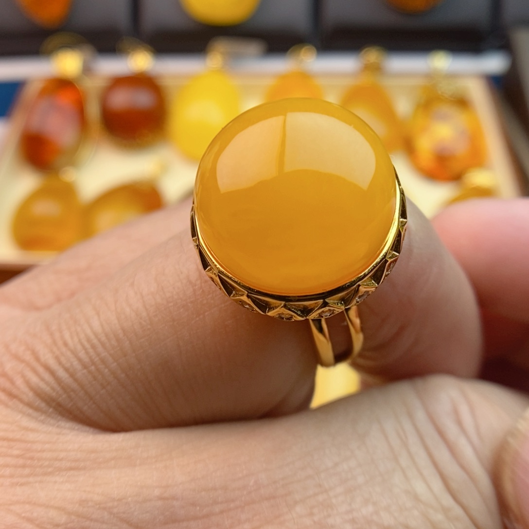 琥珀戒指银S925镀金镶嵌