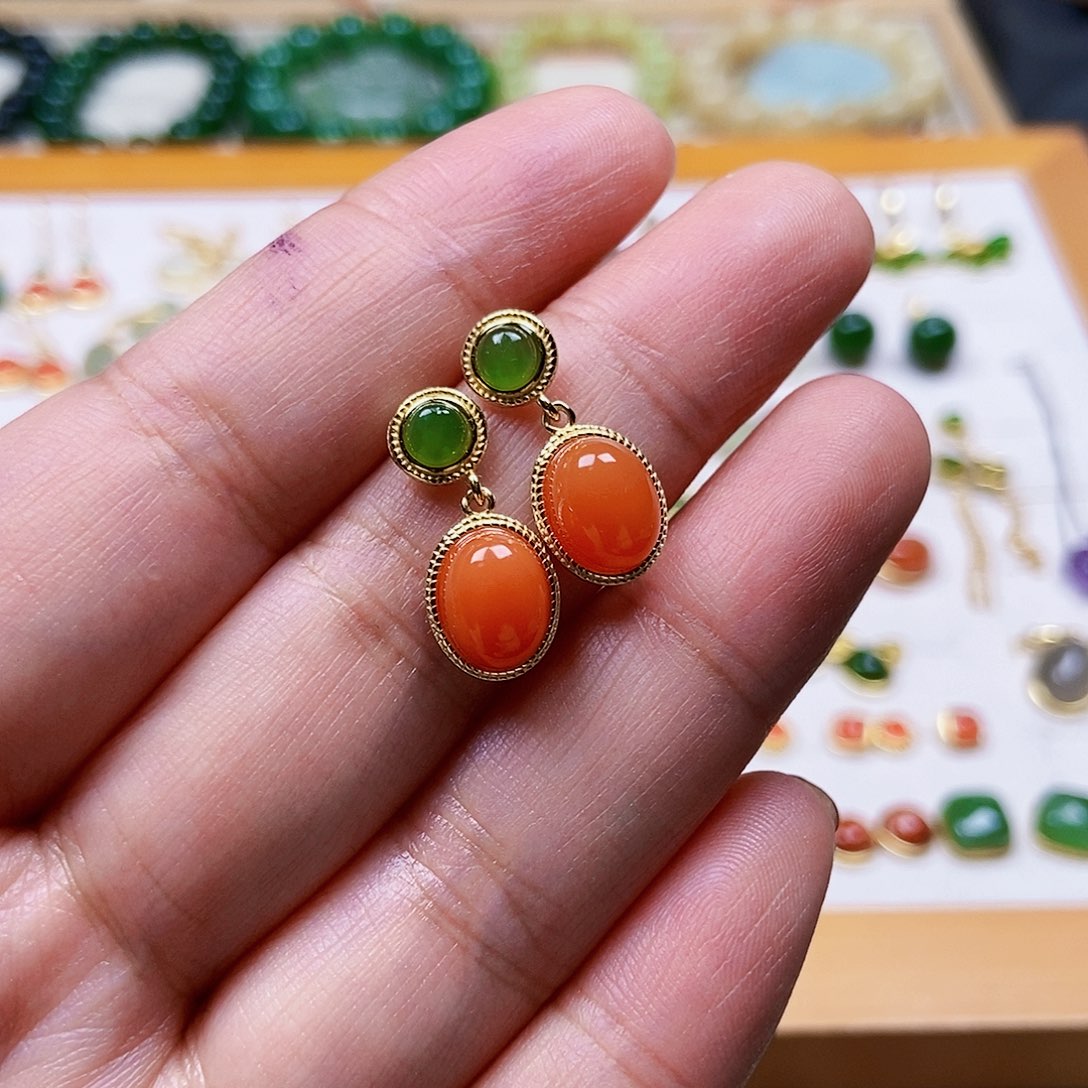 和田玉耳饰银S925镶嵌