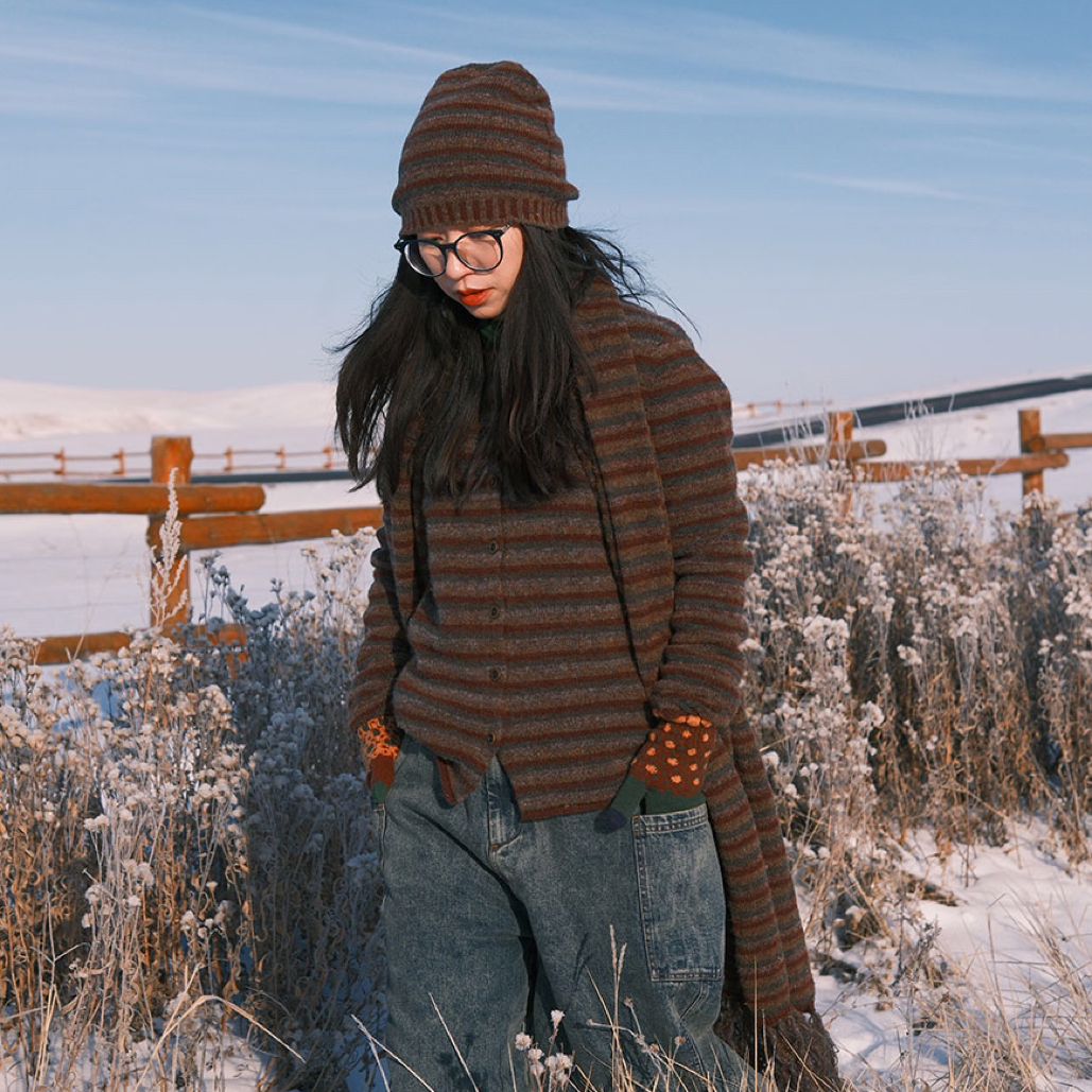 云雾里 6336#超细美利奴羊毛 复古柔软保暖条纹针织开衫内搭秋冬