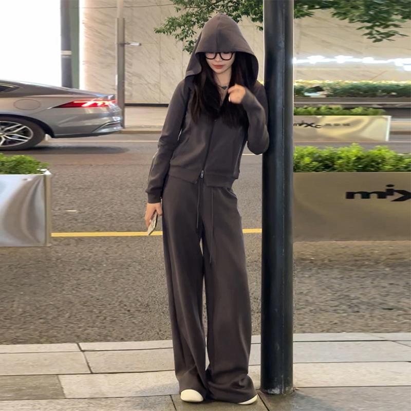 早秋chic灰色休闲运动连帽卫衣套装女秋季2024新款入秋搭配一整套