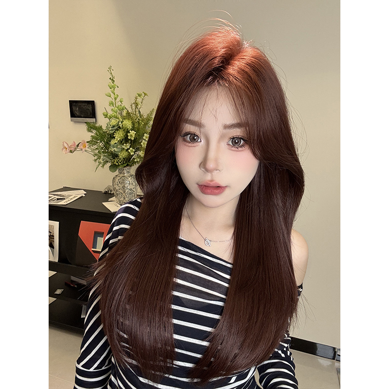 全头蕾丝树莓酒红色长直发女款自然超美网红风假发