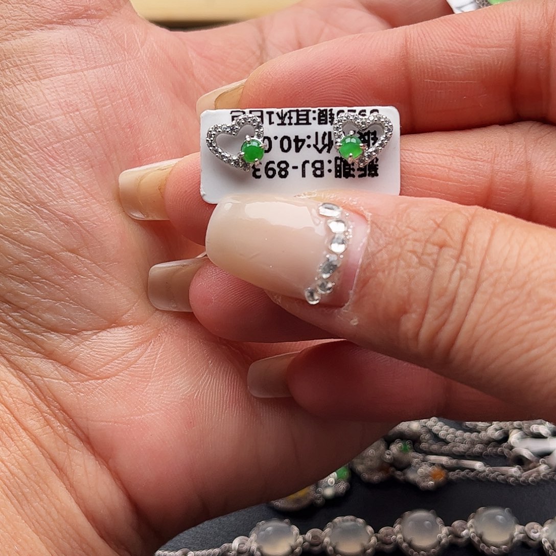 翡翠戒圈银S925镶嵌缅甸天然A货翡翠耳钉