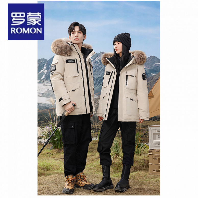 【万达撤柜】冬季新款情侣可拆卸毛领工装连男外套士羽绒服男士保暖