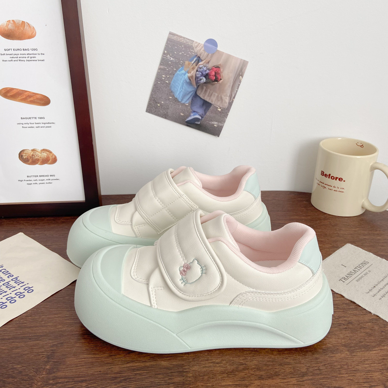 KT猫魔术贴厚底小白鞋女配裙子圆头面包鞋子超火学生百搭休闲板鞋