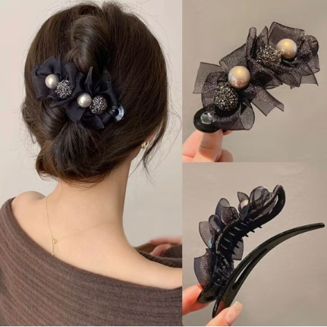 珍珠发夹女蝴蝶结抓夹后脑勺夹子大号发卡鲨鱼夹新款夹爪盘发头饰