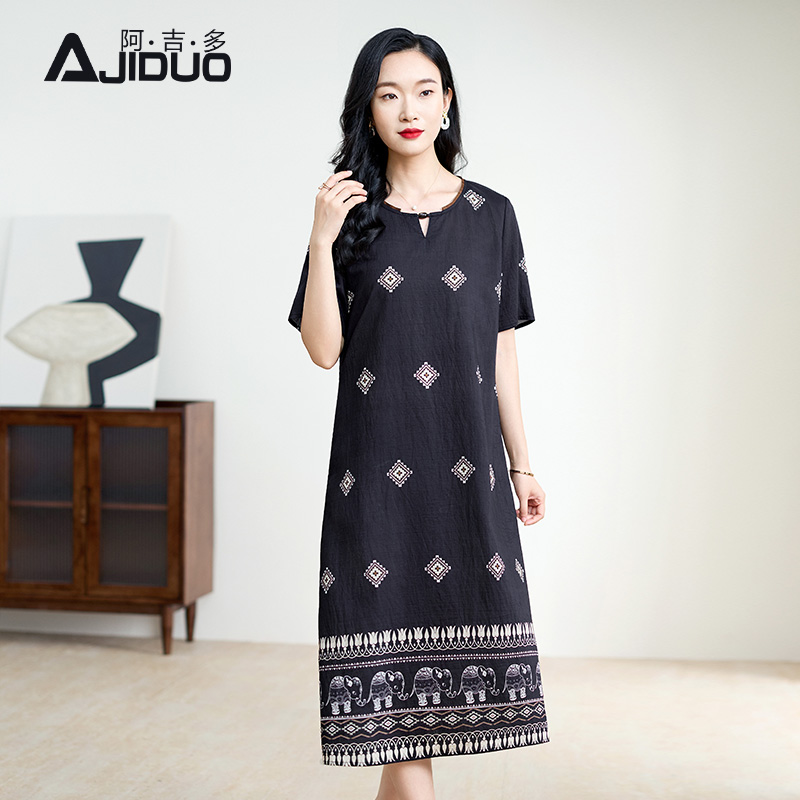 阿吉多短袖复古气质连衣裙女夏季新款端庄气质长裙大码宽松裙子