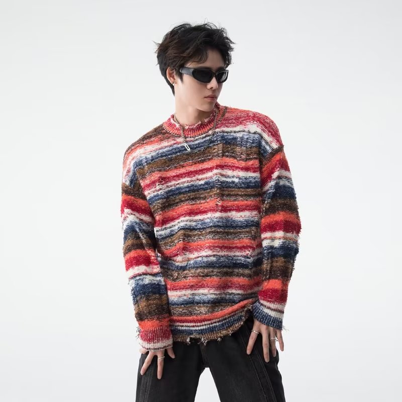C137-BY秋冬季撞色条纹毛衣男女复古油画渐变慵懒风针织衫上衣