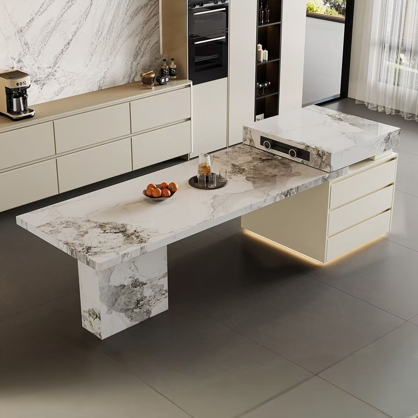 意式高端可伸缩岩板岛台餐桌一体家用大户型厨房中岛