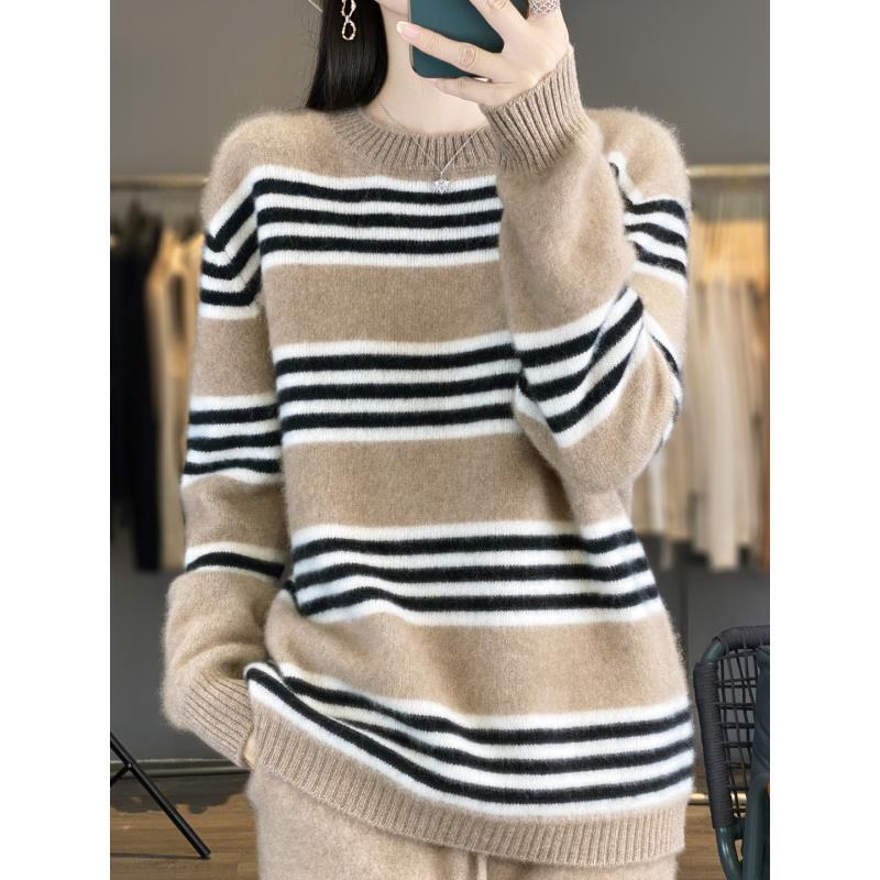 100%羊毛七针加厚秋季圆领条纹打底衫D2517