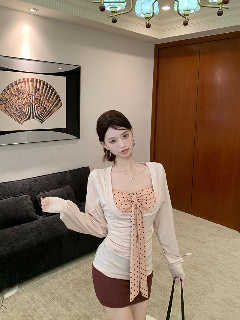  昭和千奈 秋季三件套长袖打底衫上衣+抹胸+短裙套装女