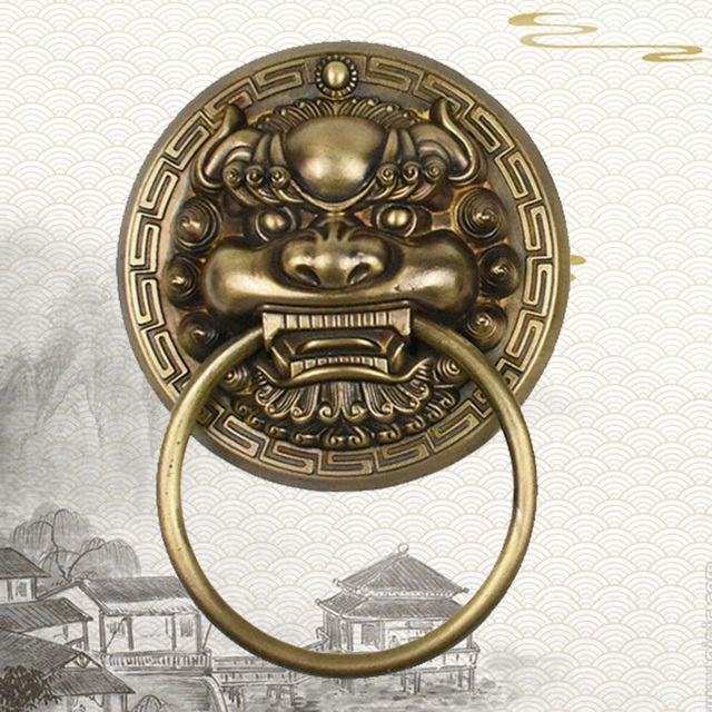仿古大门铜拉手中式虎头麒麟兽头门把手老式木门拉环狮子头门环