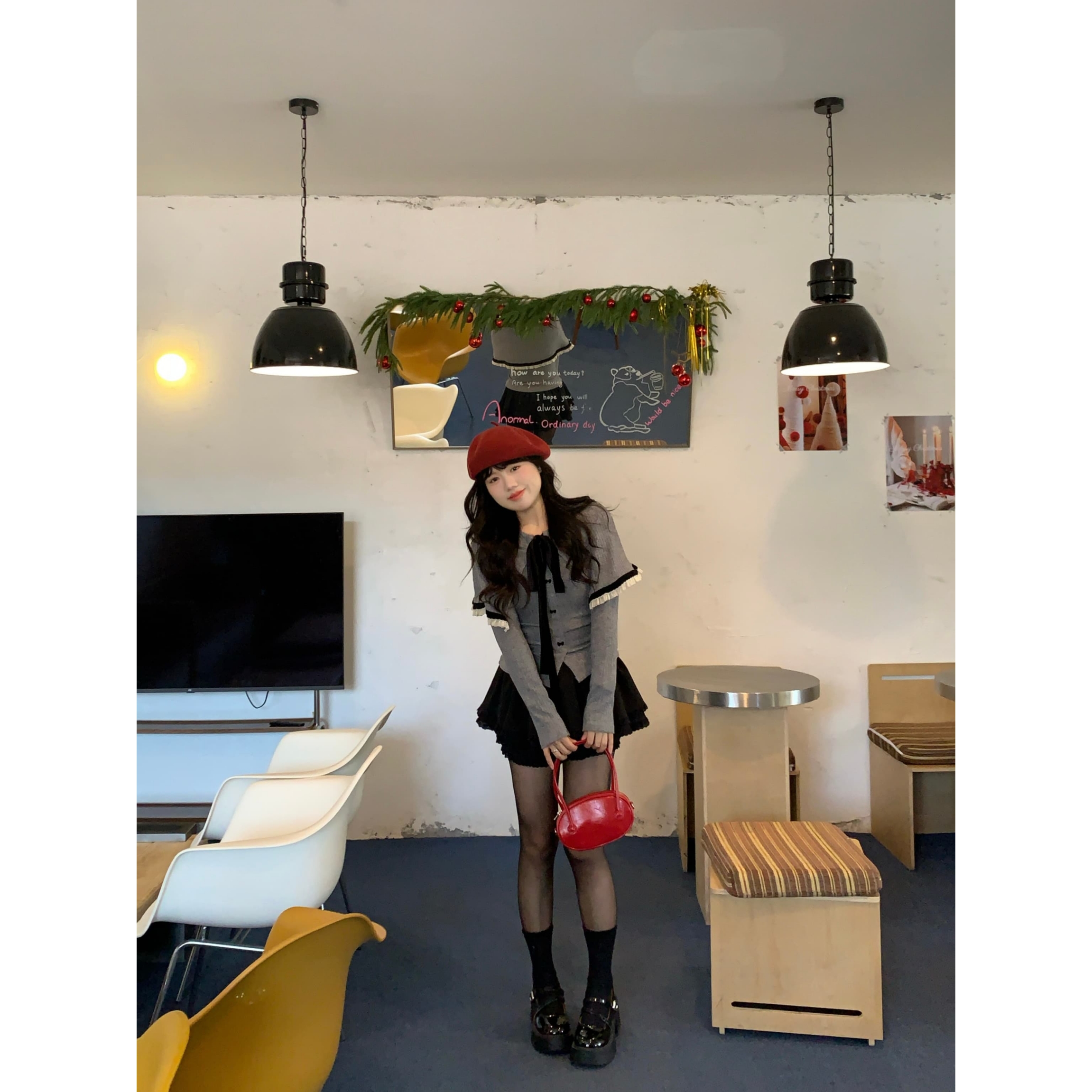 米米子定制灰色假两件蝴蝶结针织衫小众百搭时尚显瘦秋季长袖上衣