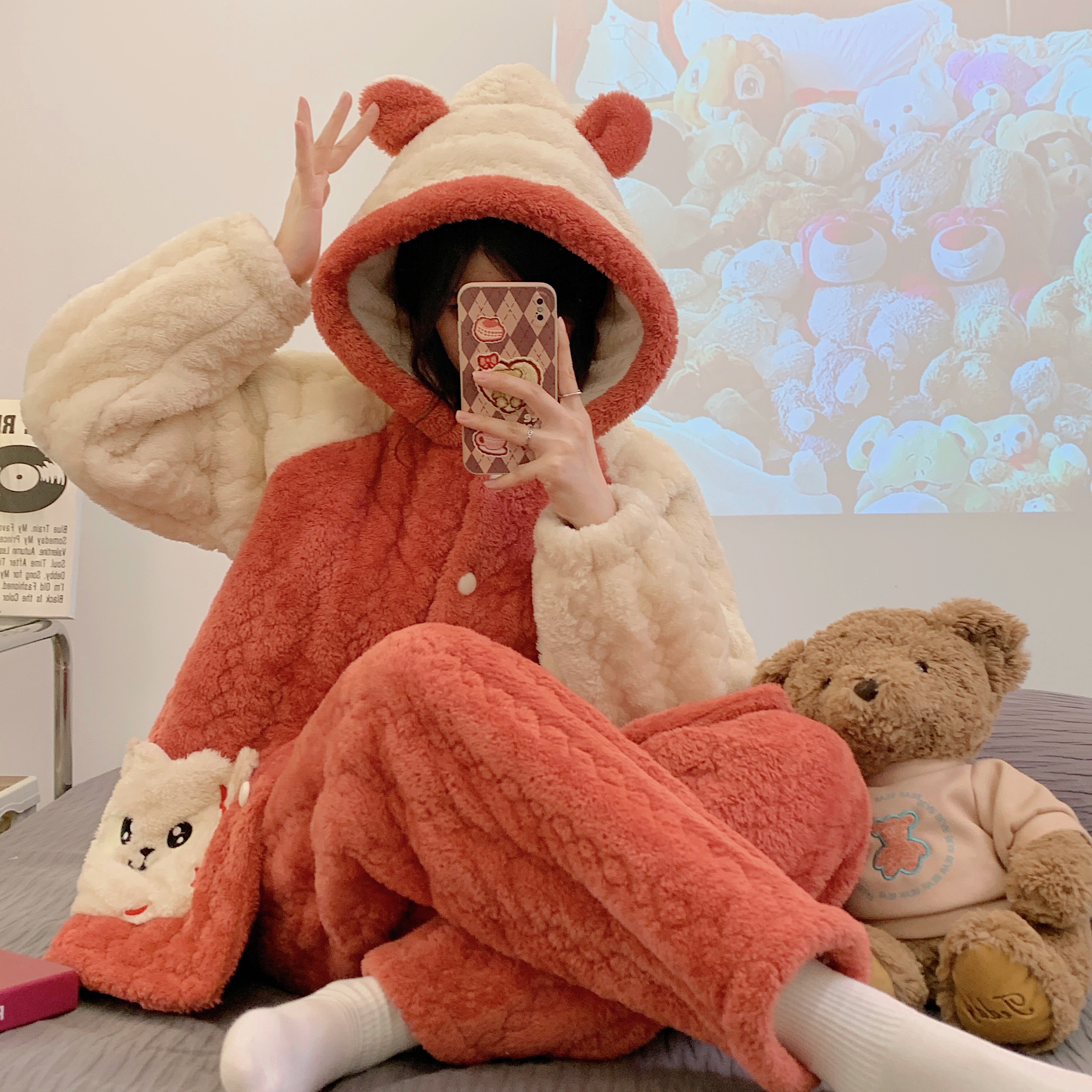 【高端丝绵-更保暖】901冬季三层夹棉睡衣女加绒加厚保暖连帽家居服