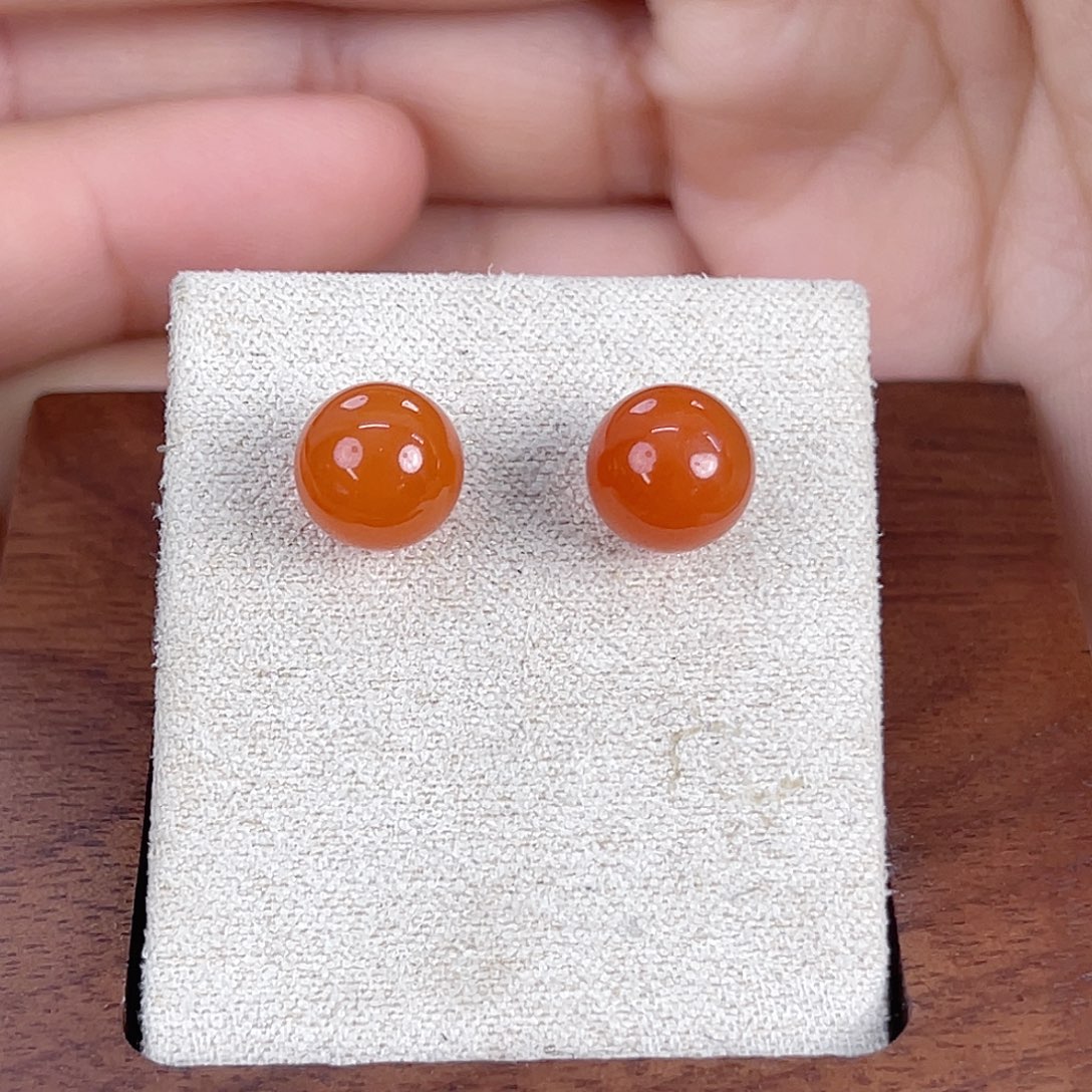 南红玛瑙未镶嵌保山柿子红单珠耳钉8mm