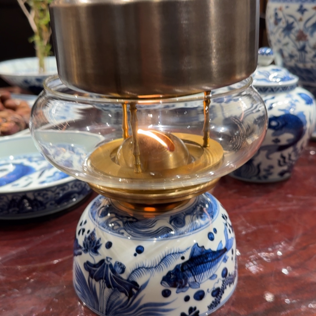 瓷片煮茶炉手绘鱼藻纹